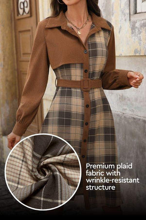 Retro corduroy plaid belted dress with wrinkle-resistant fabric and long sleeves