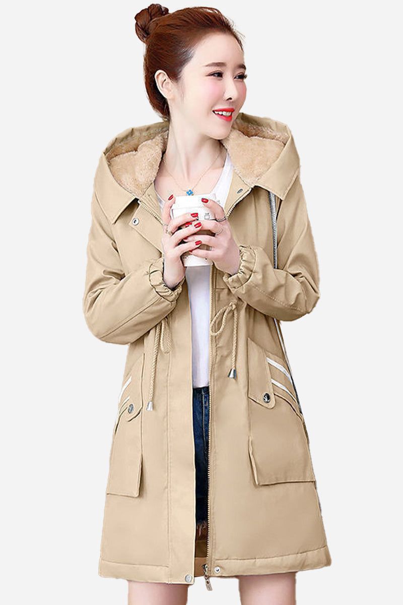 Beige Cityscape Comfort Hooded Windbreaker with plush lining and mid-length fit for women