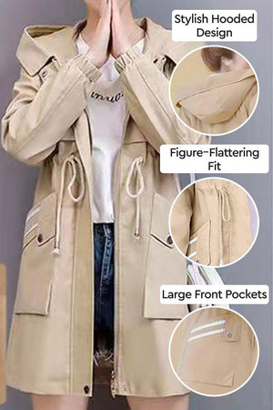 Cityscape Comfort Hooded Windbreaker beige mid-length jacket with plush lining, hood, drawstring waist, and large front pockets for stylish cold-weather wear.