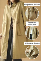 Nomad Ease Oversized Shirt-Jacket in beige with large front pockets, adjustable roll-up sleeves, and oversized silhouette design.