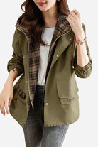 City Explorer Plaid Windbreaker women's olive green jacket with plaid lining and adjustable hood