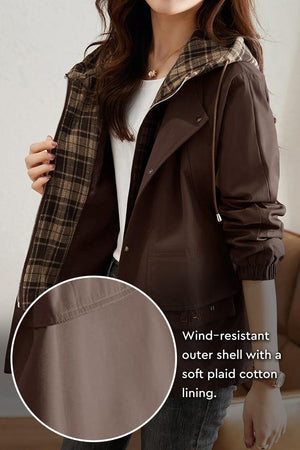 City Explorer Plaid Windbreaker with wind-resistant shell and soft plaid cotton lining for lightweight warmth and relaxed fit