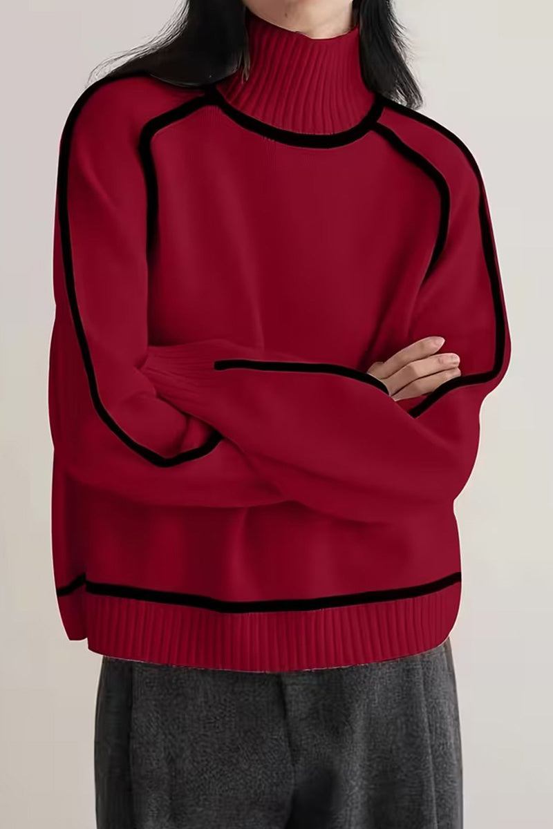 Red Zero Itch Turtleneck Sweater with black contrast trim and relaxed fit.