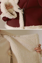 Cropped faux leather jacket with soft cream sherpa lining and trim, zip front, warm and stylish perfect for casual and dressy looks.