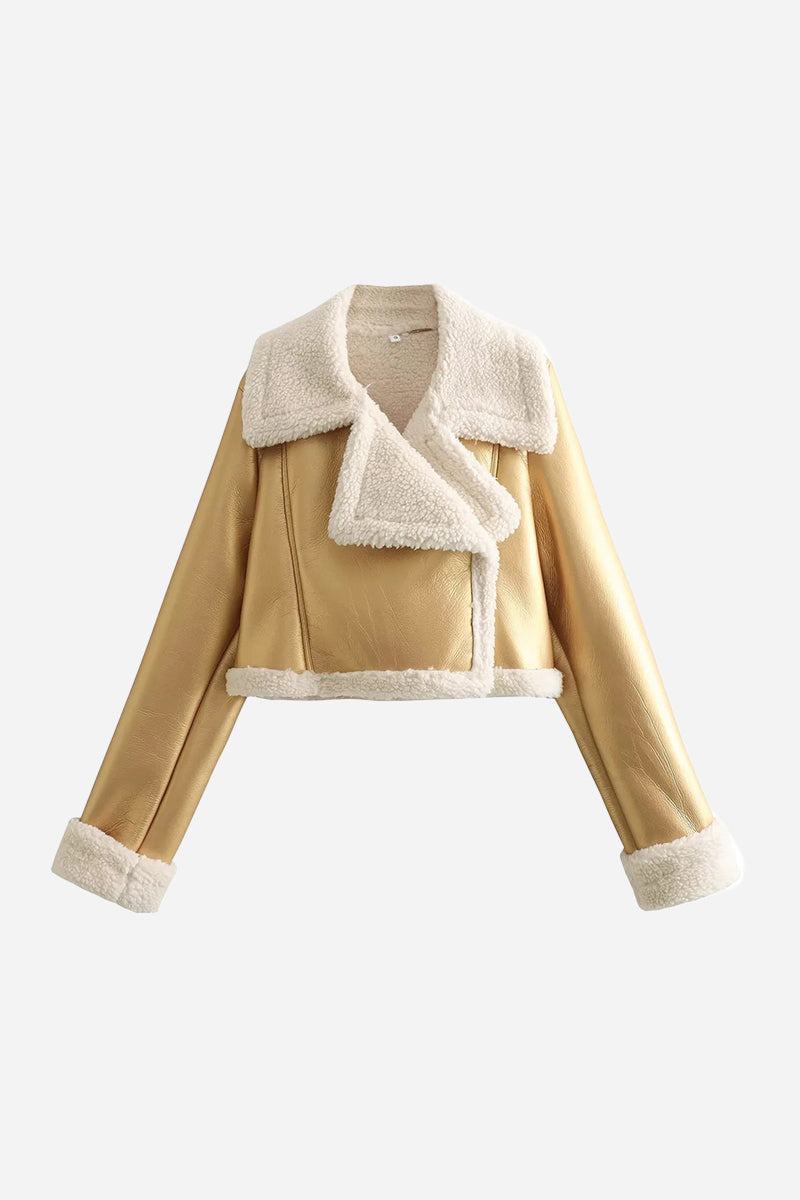 Cropped faux leather sherpa jacket with cream trim and full fleece lining