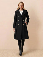 Women’s fit and flare trench coat with tailored waist and pleated hem in non-wool fabric