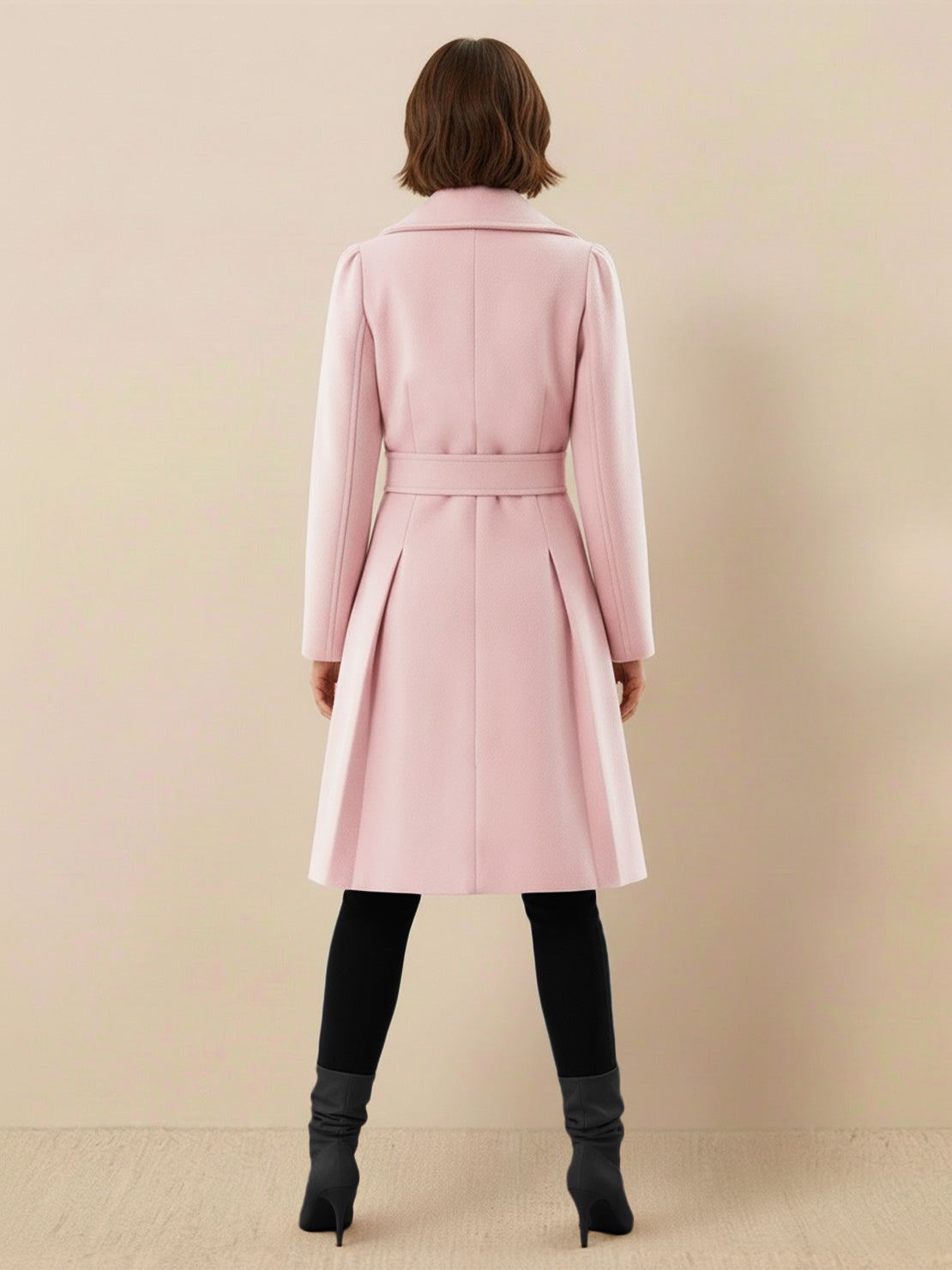Tailored fit and flare trench coat with double-breasted buttons and pleated hem in non-wool fabric