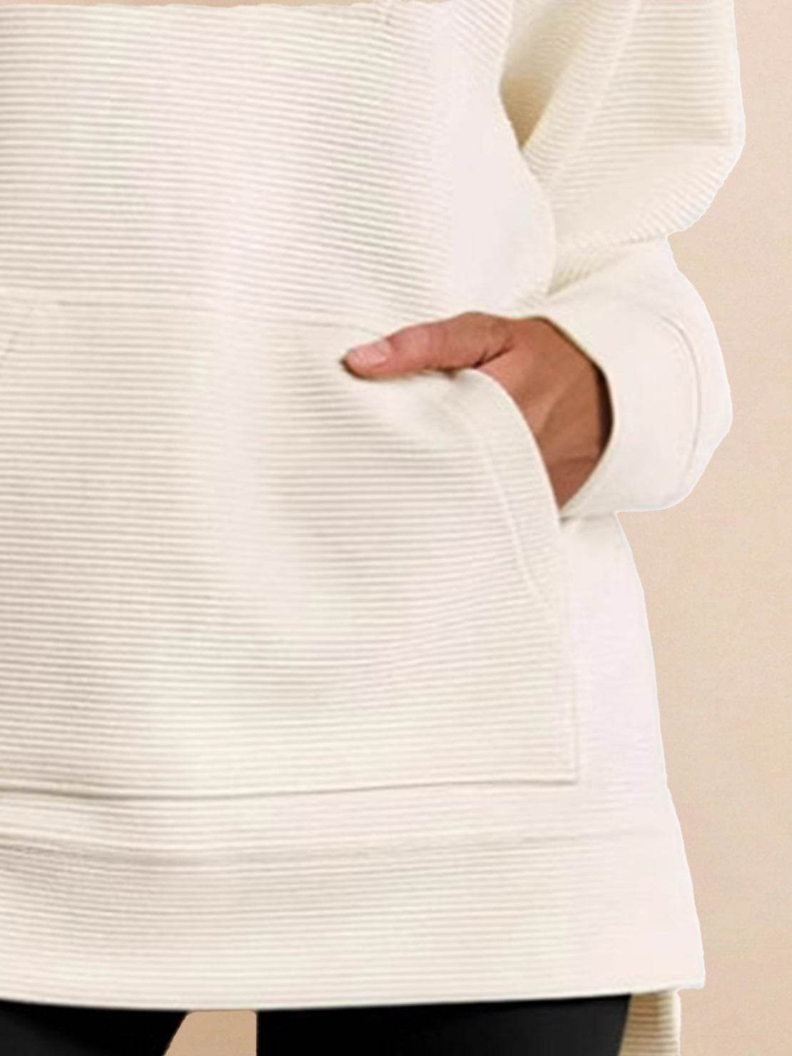 Half-zip waffle pullover with fold-over collar and kangaroo pocket in neutral tone