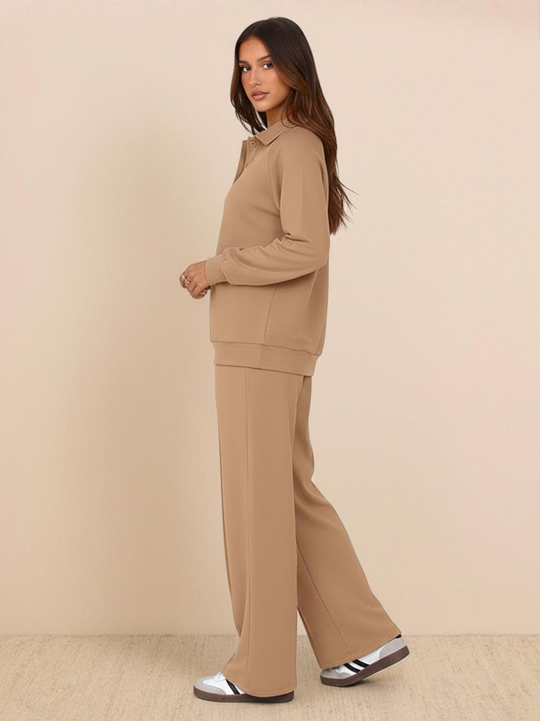 Wrinkle-Free Polo Set two-piece matching loungewear with quarter-button top and high-waisted pants in breathable fabric