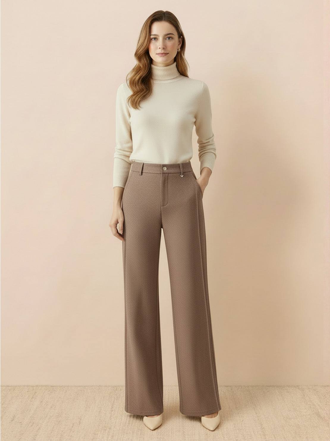 Woman wearing beige turtleneck and brown thermal wool blend trousers with wide-leg fit on beige background