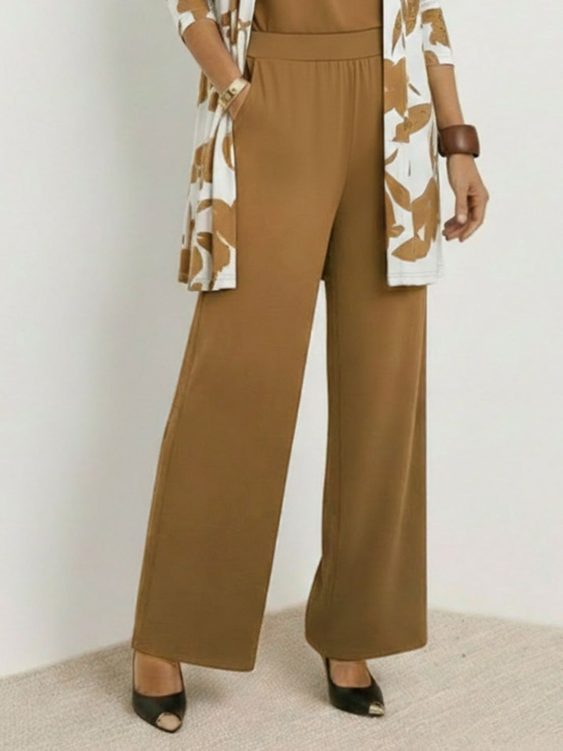 Open-front three-piece co-ord with longline cardigan, tank top, and wide-leg trousers in lightweight knit fabric
