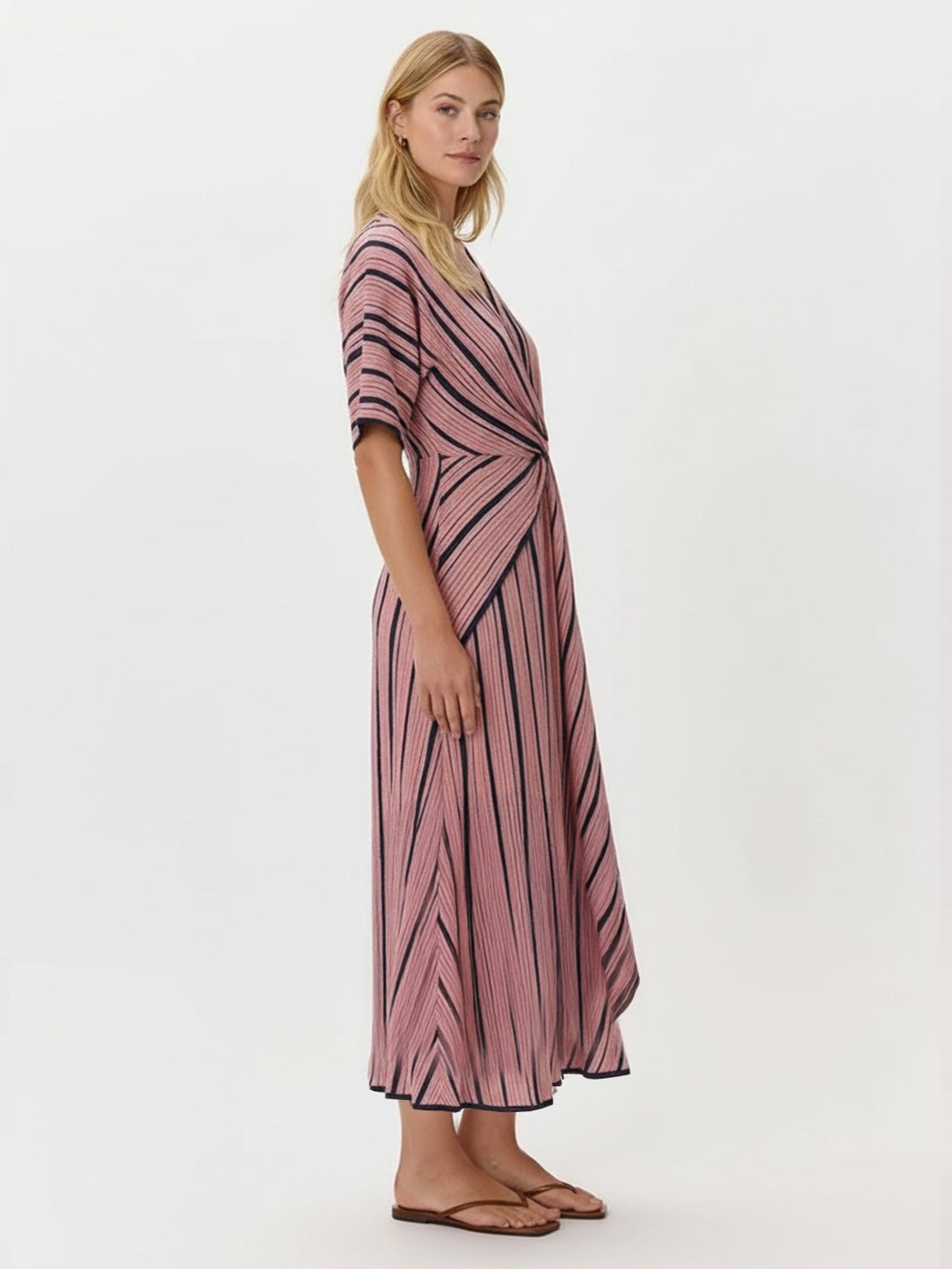 Knot-waist maxi dress with V-neckline, batwing sleeves, and flowing skirt in lightweight fabric