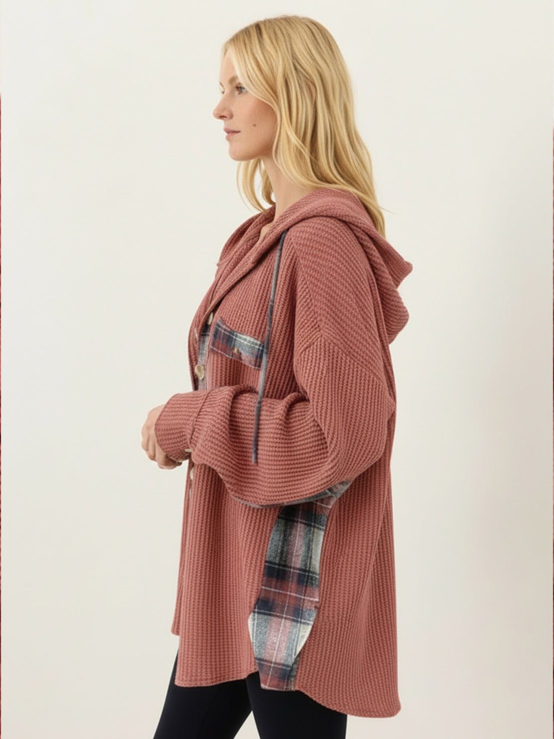 CloudKnit oversized hooded shacket with waffle knit texture and button-front closure