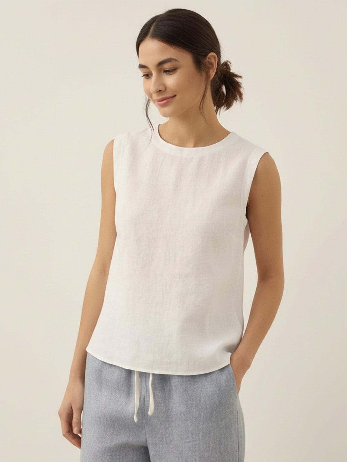 Cotton-linen sleeveless top with round neckline and button back closure, relaxed A-line hip-length design