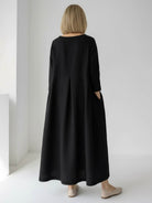 Maxi cotton-linen empire waist dress with 3/4 sleeves and natural crinkle texture