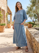 Two-piece 100% cotton wrap skirt set with crinkle texture and asymmetric hem