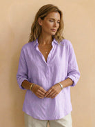 Lightweight 100% cotton popover blouse with relaxed fit and classic collar, tunic length and natural crinkle texture