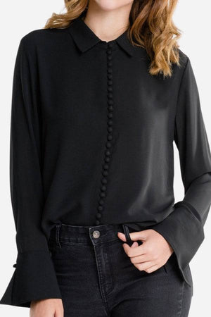 Bayam Blouse black long sleeve button-up polyester blouse with flared cuffs