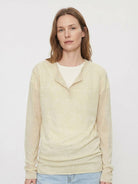 Organic Linen Henley Top fine knit long sleeve shirt with side slits in neutral heathered fabric