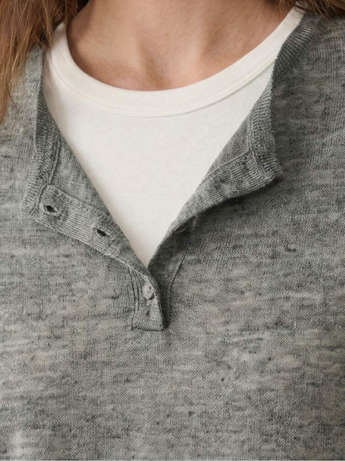 organic linen henley top fine knit soft breathable long sleeve shirt with 3-button placket and side slits in neutral heathered color