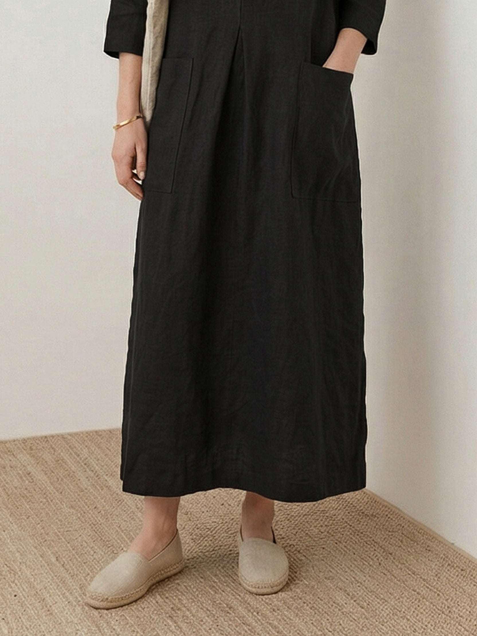 100% linen loose A-line pocket maxi dress with 3/4 sleeves and ankle-length hem