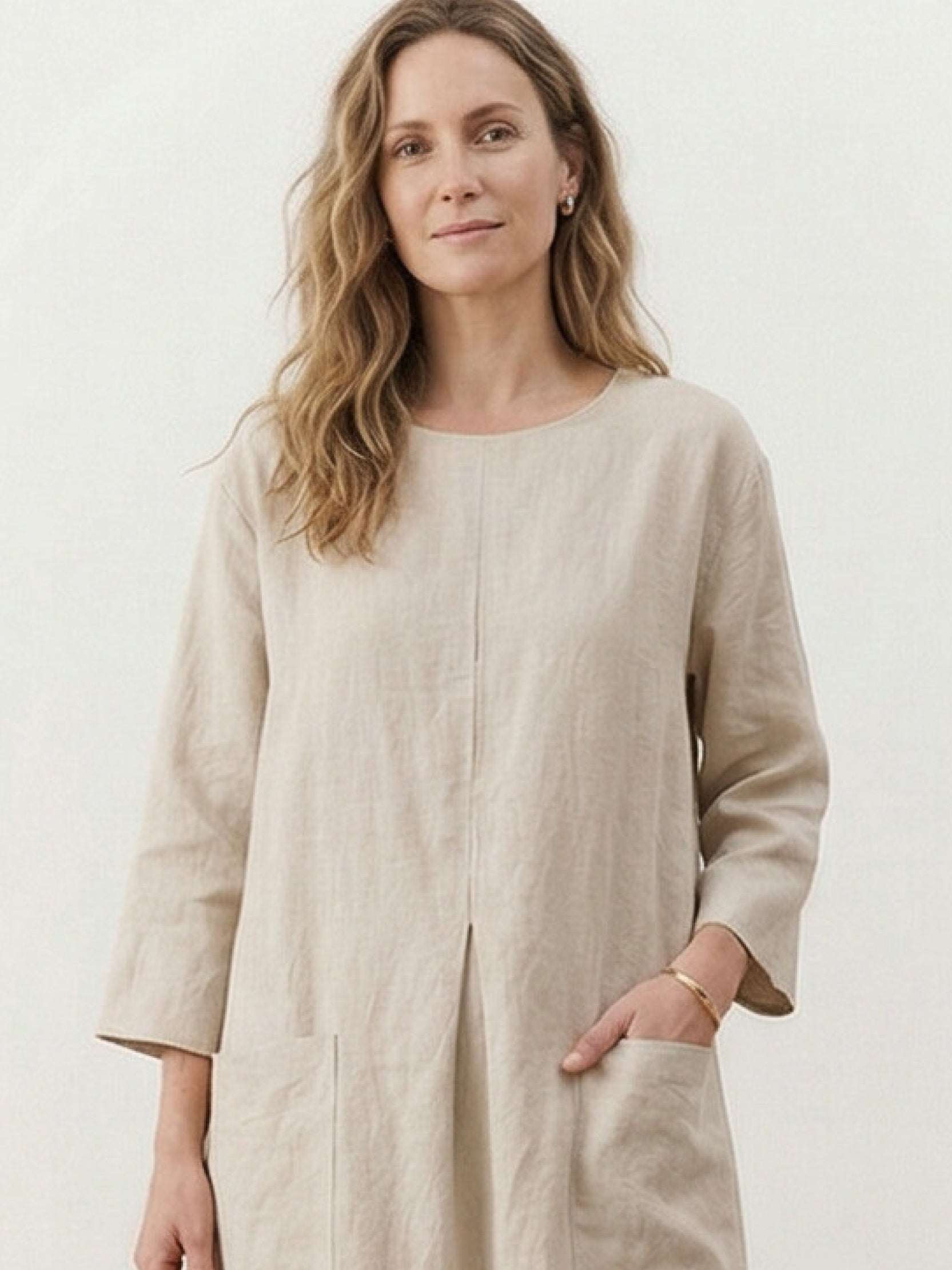 100% linen loose A-line maxi dress with 3/4 sleeves and large hip pockets
