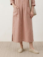 100% linen A-line maxi dress with 3/4 sleeves and large patch pockets