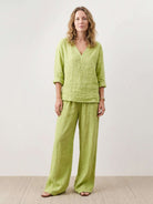 Lightweight 100% cotton linen set with V-neck top and wide-leg pants