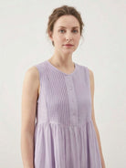 Cotton linen pleated midi dress with pintuck bodice and full A-line skirt in breathable fabric