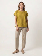 100% linen boxy cap-sleeve top with round scoop neck and hip-length hem
