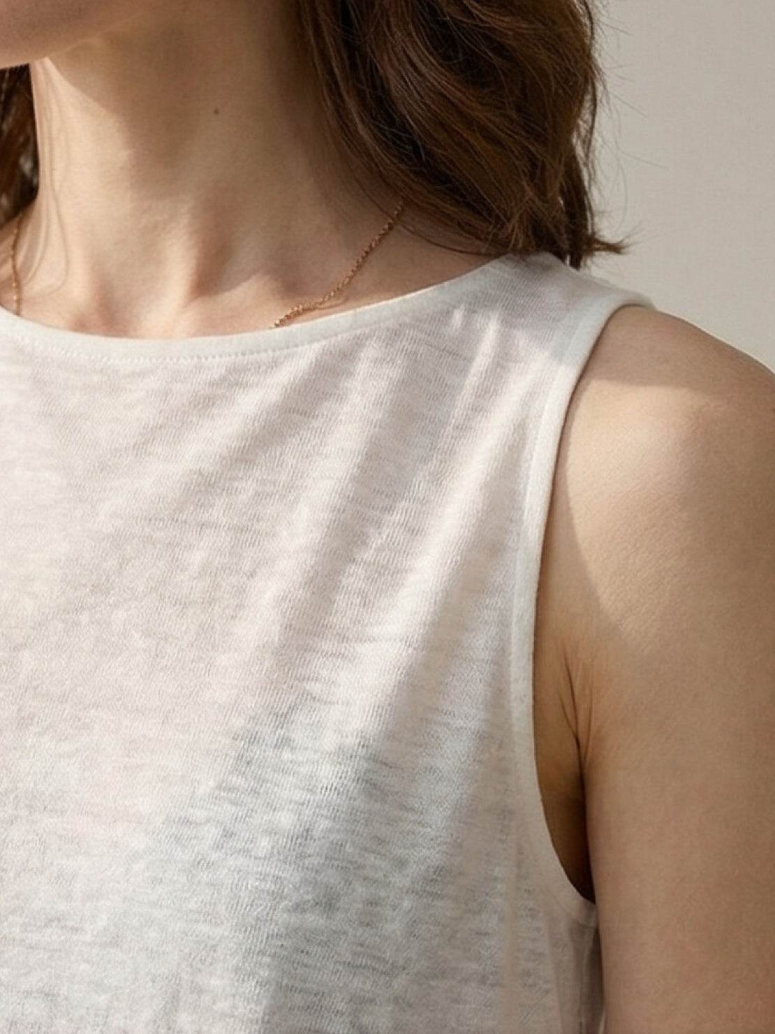 100% linen wide neck vest with cowl drape and boat neck styles in natural textured fabric