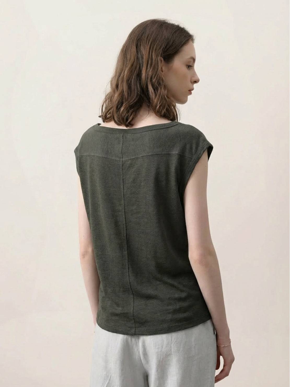 100% linen wide neck vest with cowl drape and boat neck styles, sleeveless and breathable fabric