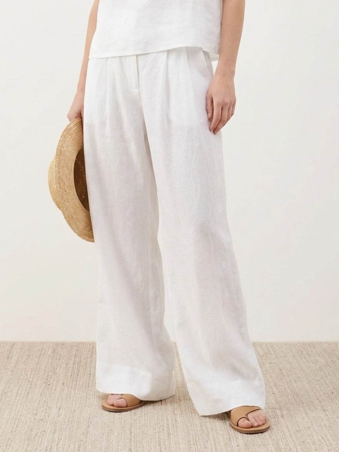 White Tencel-linen pleated wide-leg pants with hook-and-zip closure