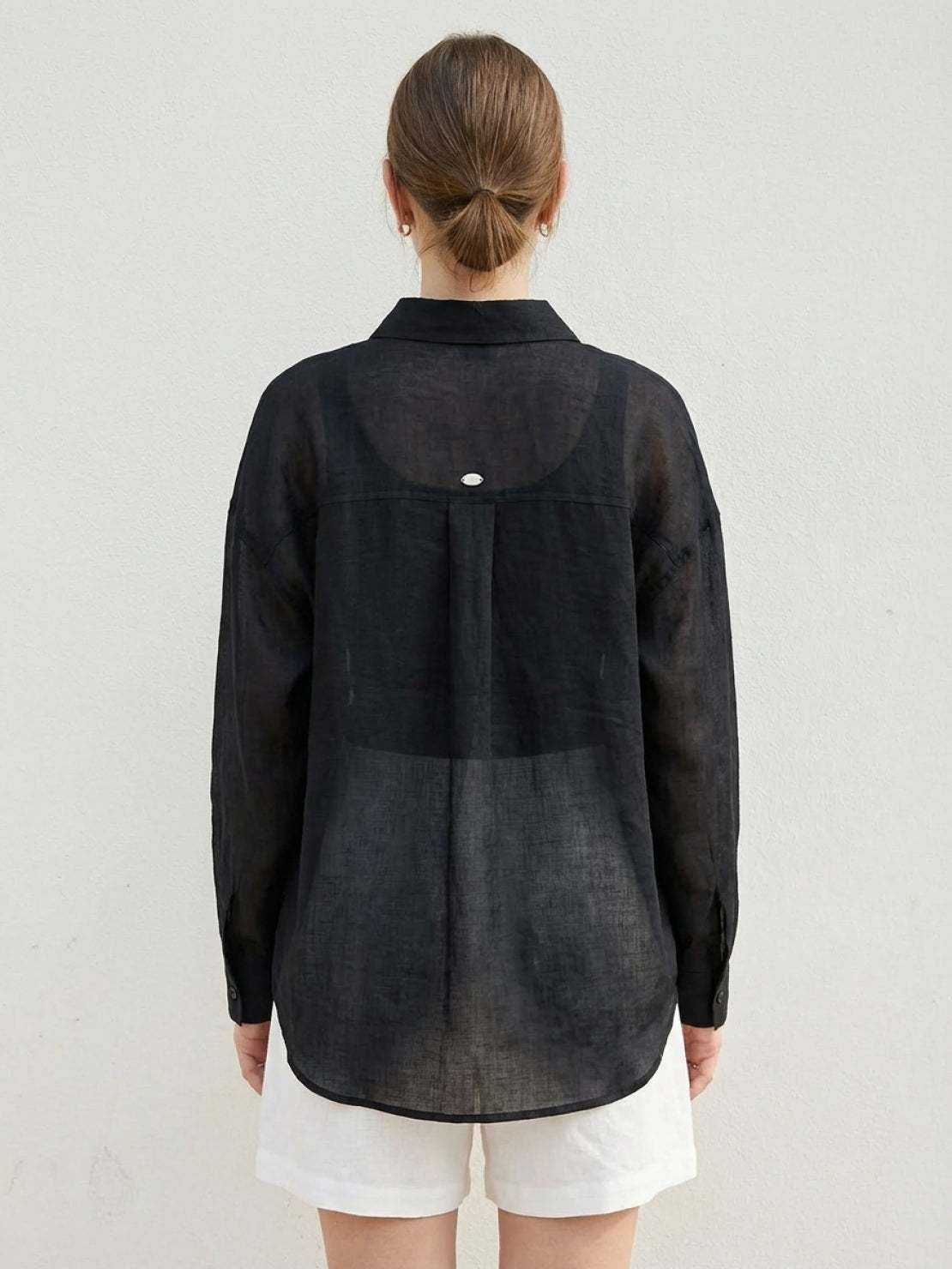 Lightweight 100% linen sheer overshirt with oversized fit and button front