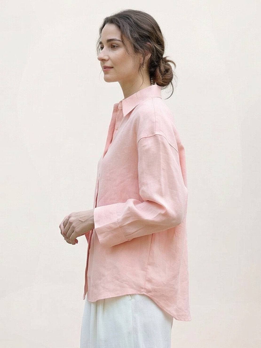 100% linen dropped-shoulder oversized shirt with button front and rollable cuffs