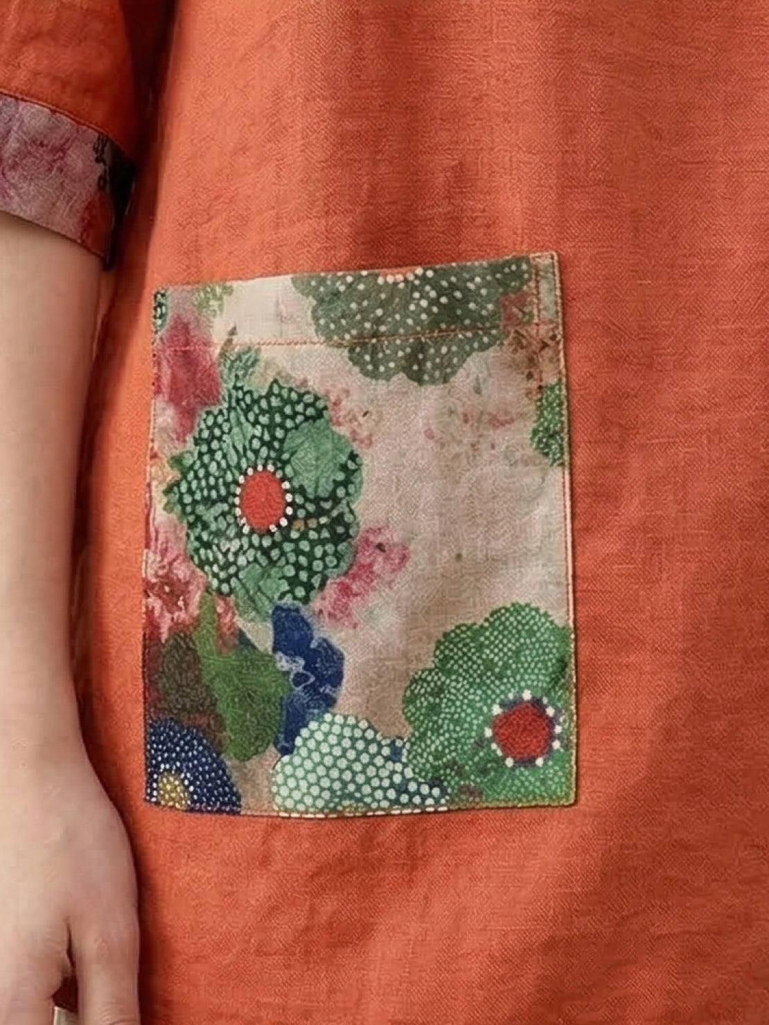 Oversized cotton linen shirt with floral patchwork and elbow-length sleeves