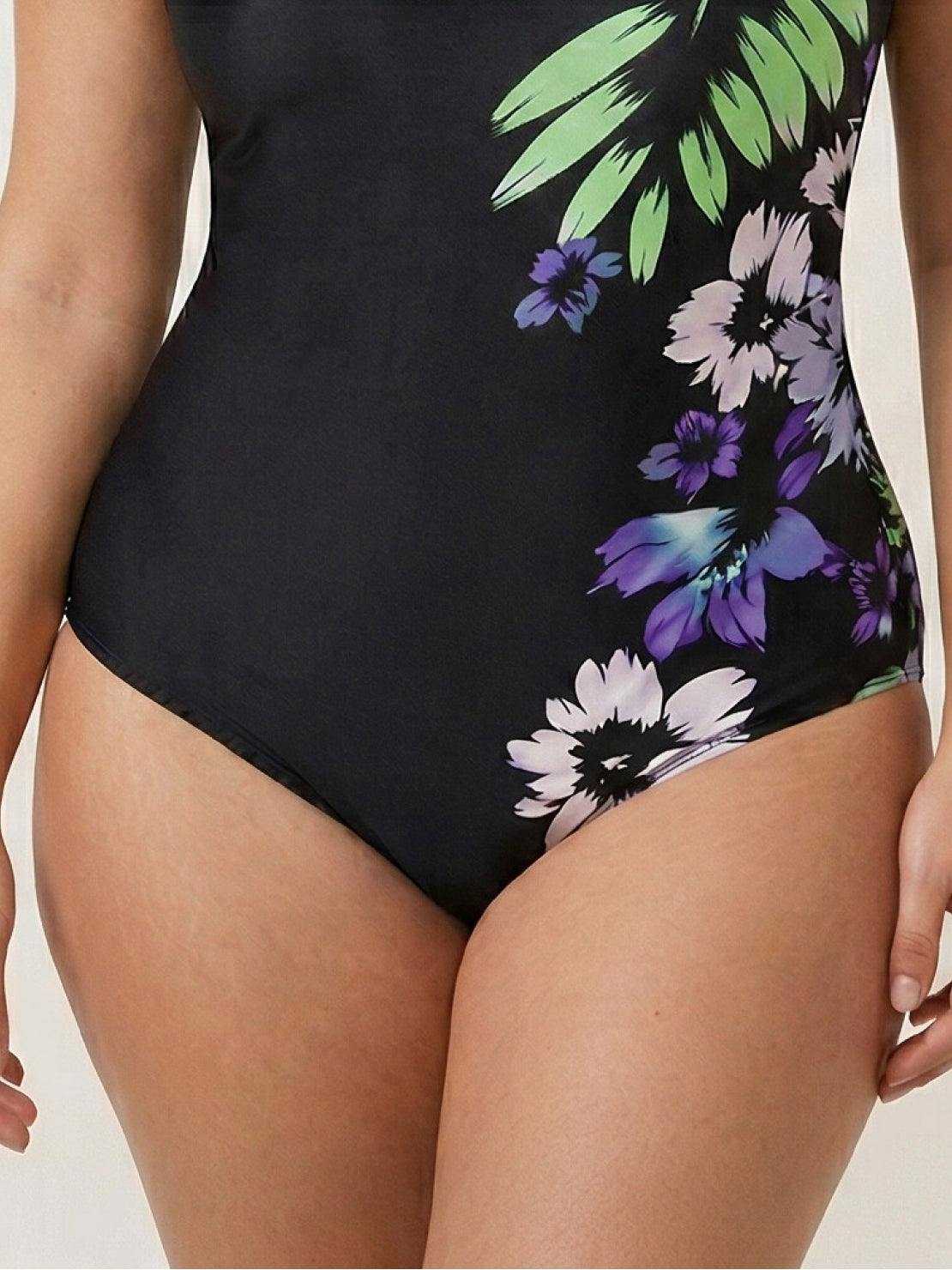 Curve-Fit Open-Back Swimsuit one-piece with scoop front and deep V open back, adjustable straps, and diagonal back panels.