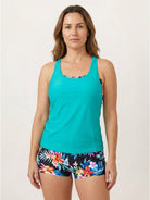 Three-piece open-back swim set with loose tank, racerback crop bra, and boy-short swim shorts