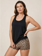 Three-piece open-back swim set with scoop-neck tank, racerback crop bra, and mid-rise boy shorts