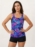 Three-piece open-back swim set with loose tank, racerback crop bra, and mid-rise boy shorts