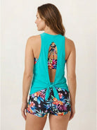 Three-piece open-back swim set with scoop-neck tank, racerback crop bra, and mid-rise boy shorts