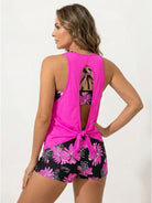 Three-piece open-back swim set with scoop-neck tank, racerback crop bra, and mid-rise boy shorts