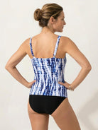 Black adjustable ruched tankini set with scoop neckline and moderate coverage bikini bottoms