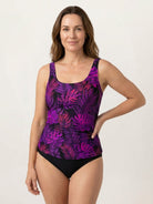 Black adjustable ruched tankini set with wide straps and classic bikini bottoms