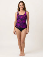 Black adjustable ruched tankini set with wide straps and classic bikini bottoms