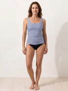 black adjustable ruched tankini set with side ruching and moderate coverage bikini bottoms