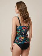 Adjustable ruched black tankini set with ruched side top and classic bikini bottoms