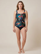 Black adjustable ruched tankini with wide straps and classic bikini bottoms