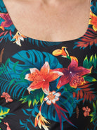 Black adjustable ruched tankini top with full-length side ruching and matching classic black bikini bottoms