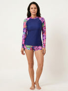Tropical print rash guard set with long sleeves and boy-cut shorts